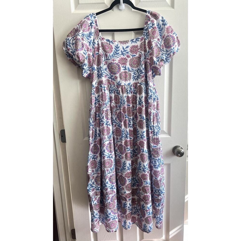 UNCLE FRANK 100% Cotton Pink Blue Floral Puff Sleeve Tiered Midi Dress Sz M - Picture 5 of 12